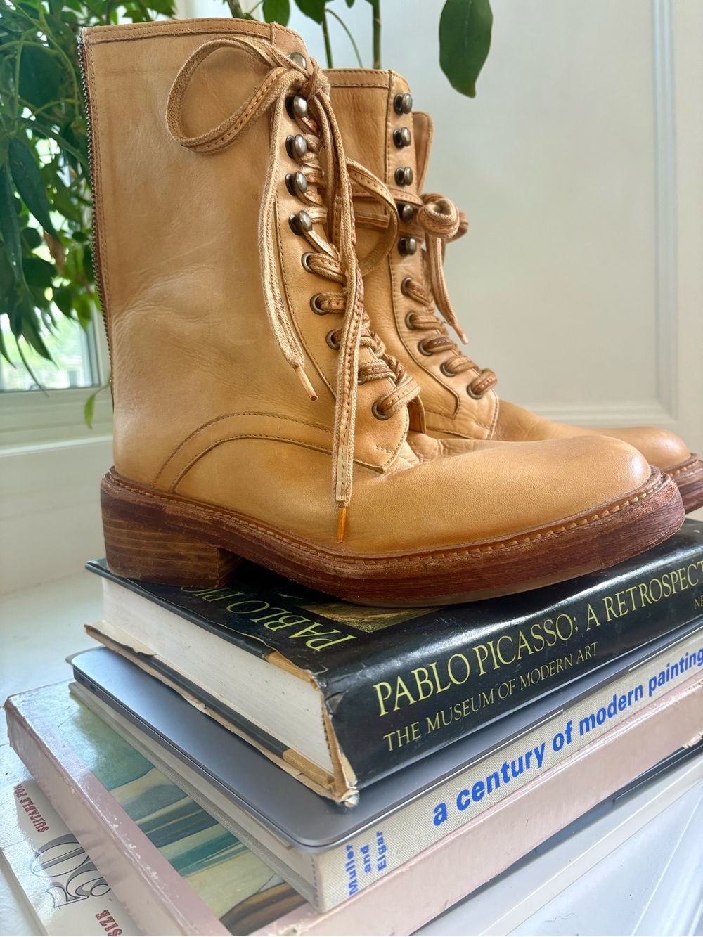 Free People Honey Tan Leather Lace-Up Combat Boots